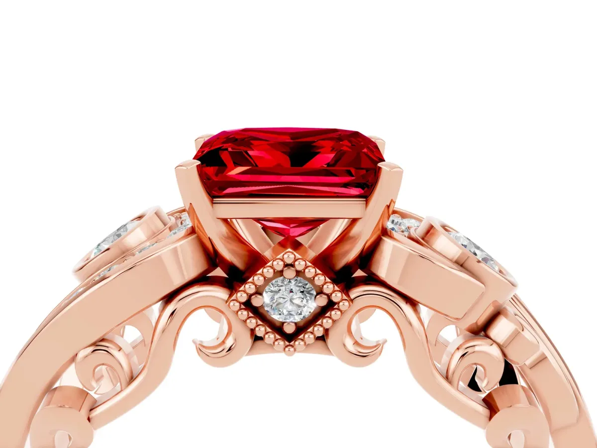 Princess Cut Ruby Solitaire Ring with Milgrain Pavé Band and Four-Prong Setting Rose gold
