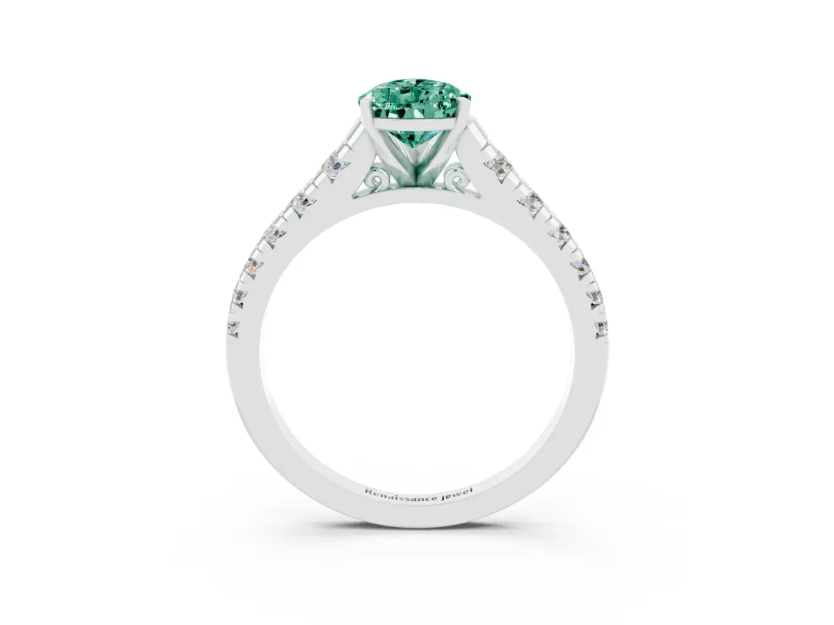 Pear Cut Green Sapphire Cathedral Solitaire Ring with Round Pavé Band Silver