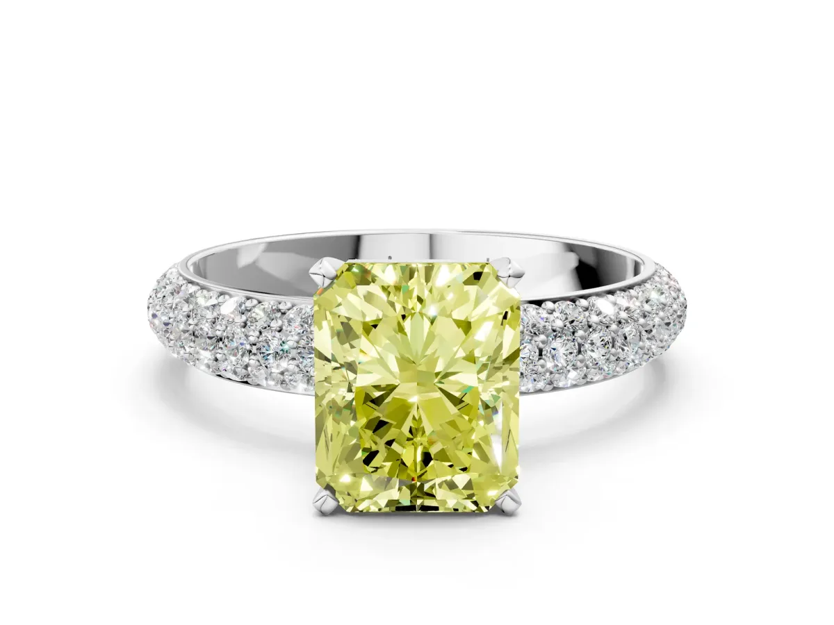 Fancy Yellow Radiant Cut Diamond Solitaire Ring with Prong Setting and Pavé Band Platinum
