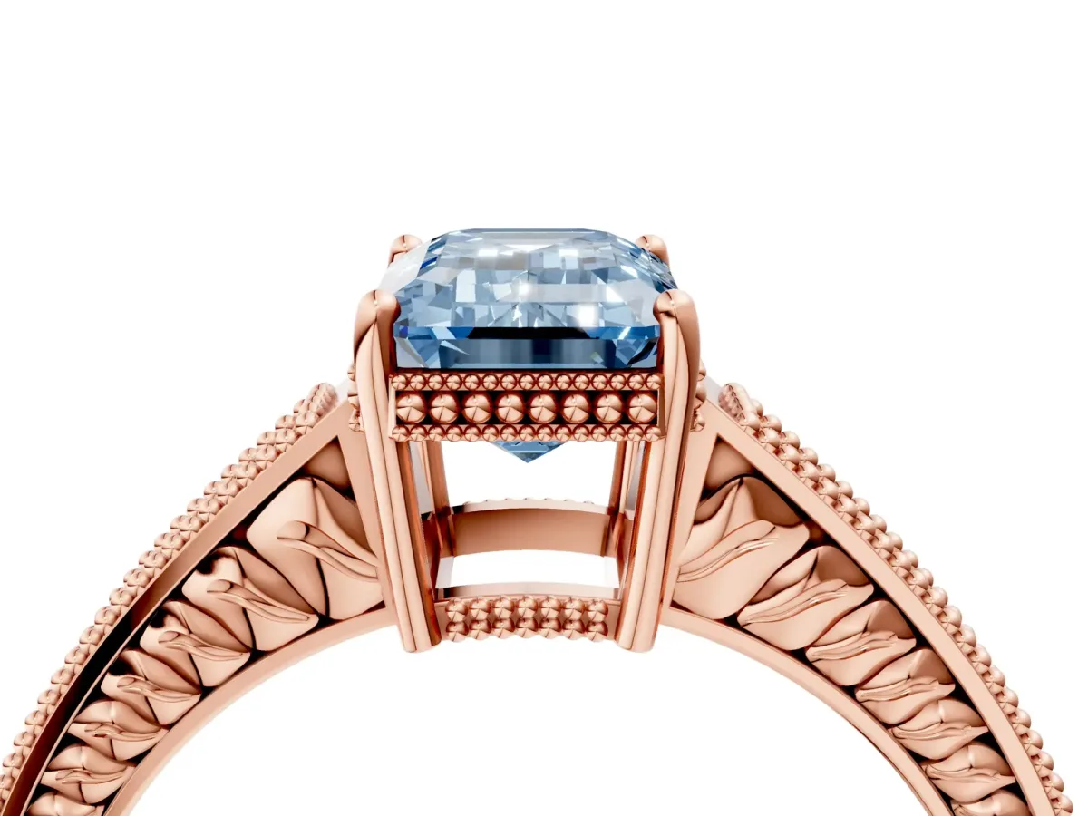 Fancy Blue Emerald Cut Cut Diamond Milgrain Pave Band Four-Prong Setting Ring Rose gold