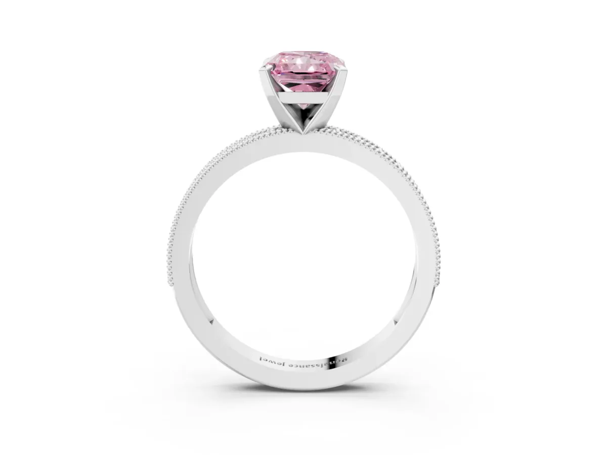 Fancy Pink Radiant Cut Diamond Milgrain Pavé Engagement Ring with Four-Prong Setting Platinum