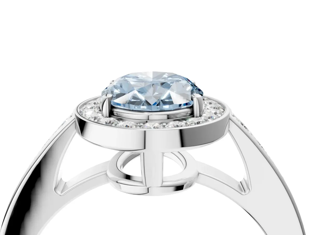 Fancy Blue Oval Cut Halo Pavé Diamond Engagement Ring with Bezel Setting Silver