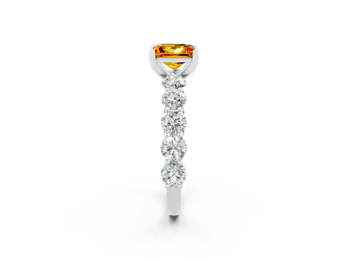 Princess Cut Citrine Prong Setting with Side Stones on a Pave Band Platinum