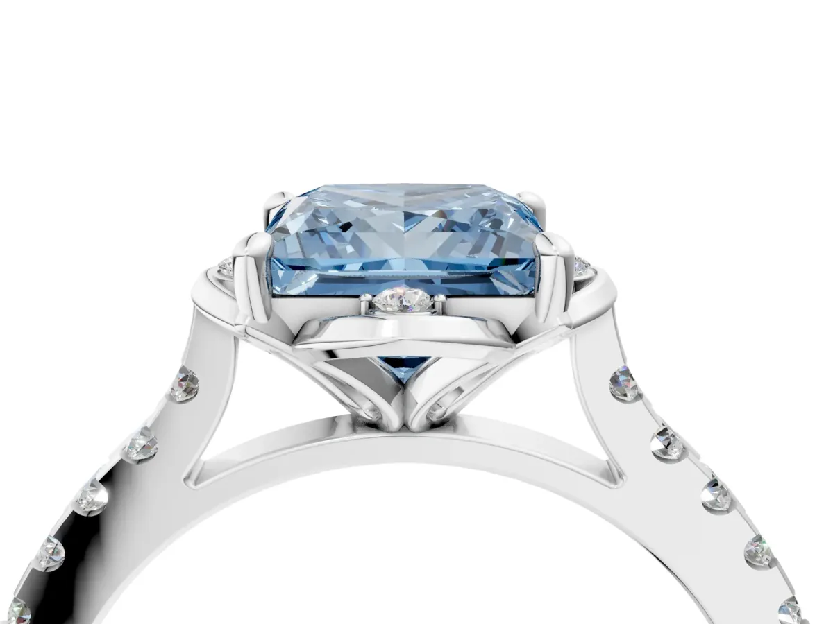 Fancy Blue Princess Cut Diamond Ring with Pavé Band and Floral Prong Setting Silver