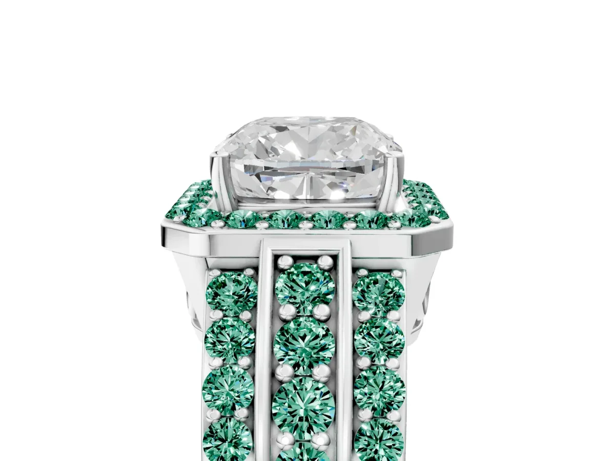 Cushion Cut Halo Diamond Ring with Round Green Sapphire Split Shank and Prong Setting Silver