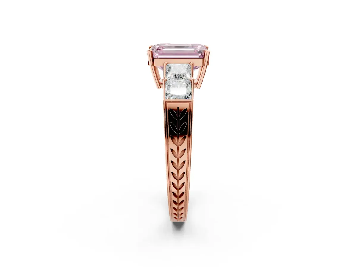 Fancy Pink Emerald Cut Solitaire Princess Side Stone Engraved Band Prong Setting Ring Rose gold