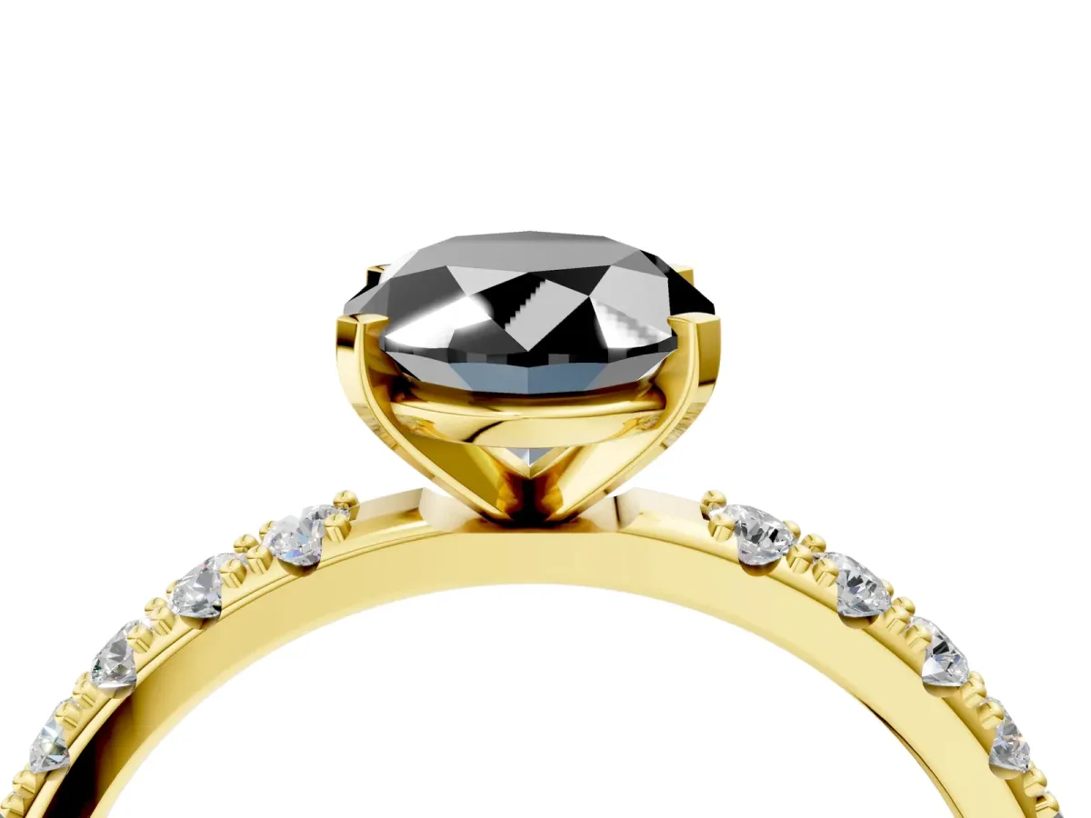 Fancy Black Oval Cut Diamond Solitaire Pavé Band with Four-Prong Setting Yellow gold