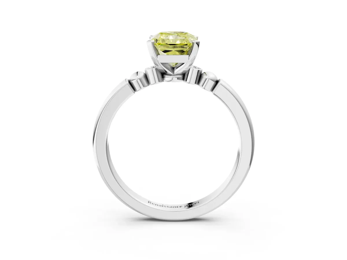 Fancy Yellow Radiant Cut Solitaire Beaded Band with Four-Prong Setting Platinum