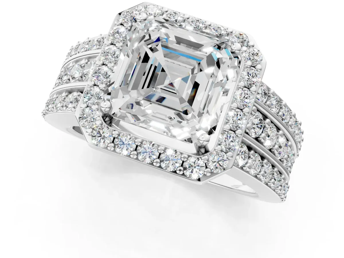 Asscher Cut Halo Diamond Ring with Round Moissanite Split Shank and Prong Setting Silver