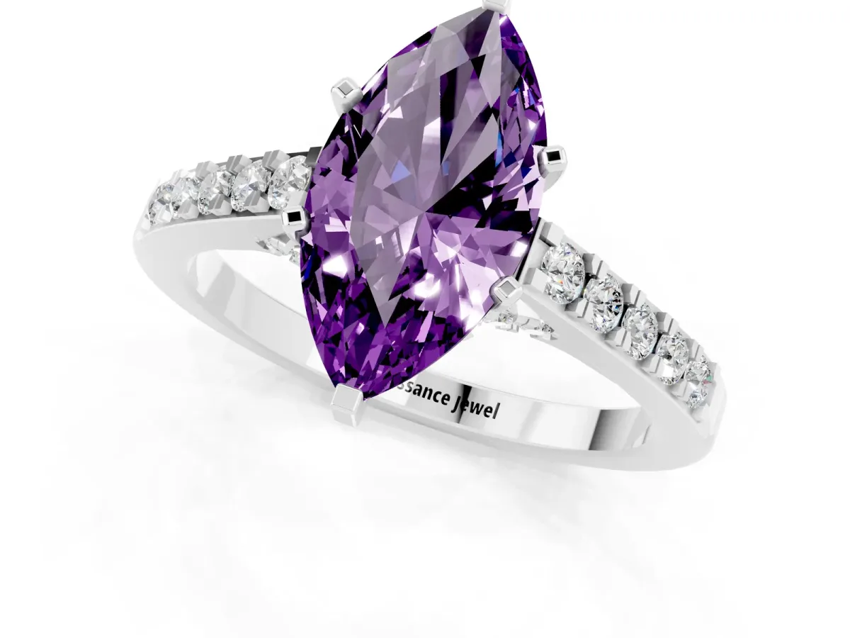 Marquise Cut Amethyst Solitaire Ring with Crossover Gallery and Round Pavé Band Silver