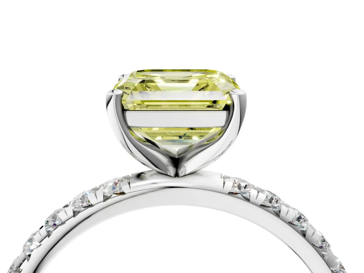 Fancy Yellow Asscher Cut Cut Diamond Solitaire Ring with Micro Pave Band and Four Prong Setting Platinum
