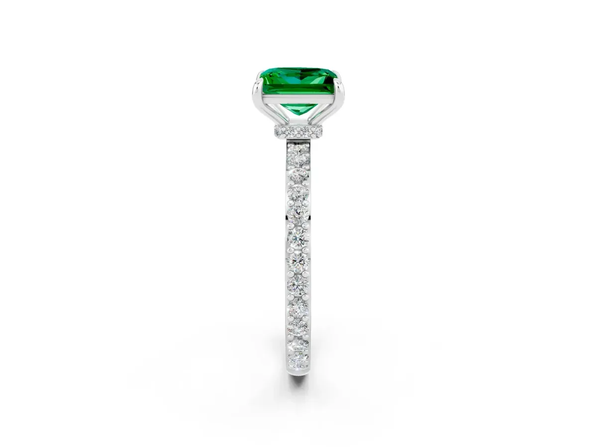 Princess Cut Emerald Solitaire Engagement Ring with Pavé Band and Four-Prong Setting Silver