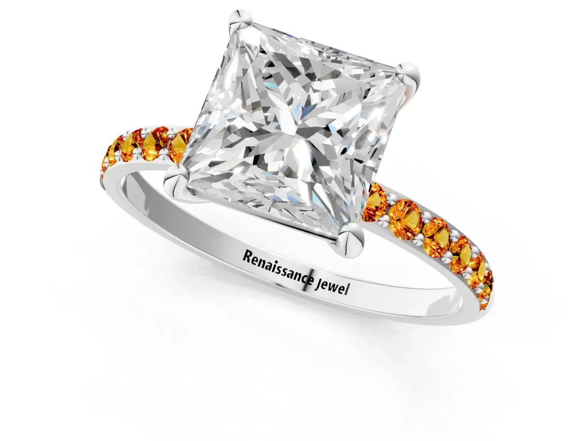 Princess Cut Diamond Solitaire Ring with Round Citrine Pavé Band and Prong Setting Silver