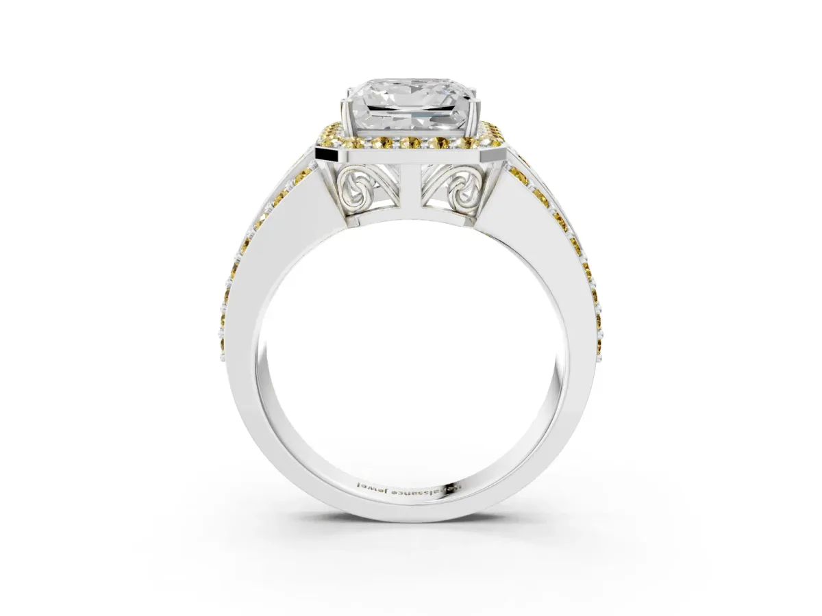 Princess Cut Halo Diamond Ring with Round Yellow Sapphire Split Shank and Prong Setting Silver