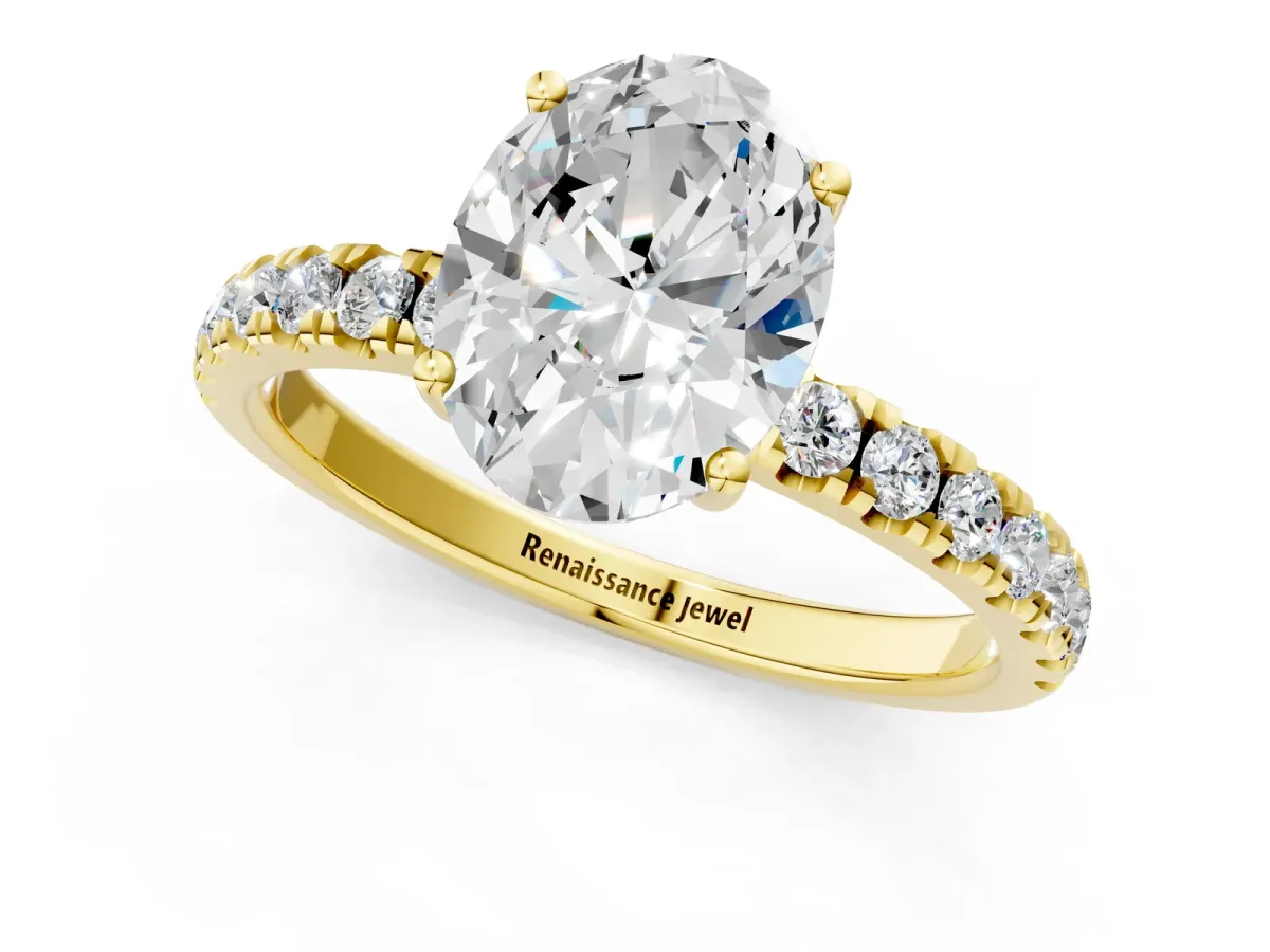 Oval Cut Diamond Pave Band Solitaire Ring with Round and Prong Setting Yellow gold