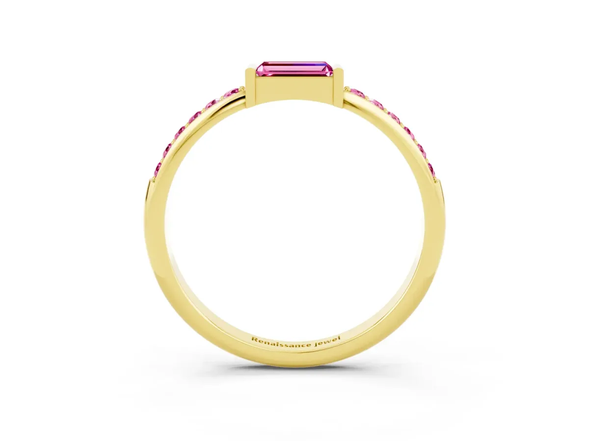 Baguette Pink Sapphire Pavé Band with Bar Setting Yellow gold