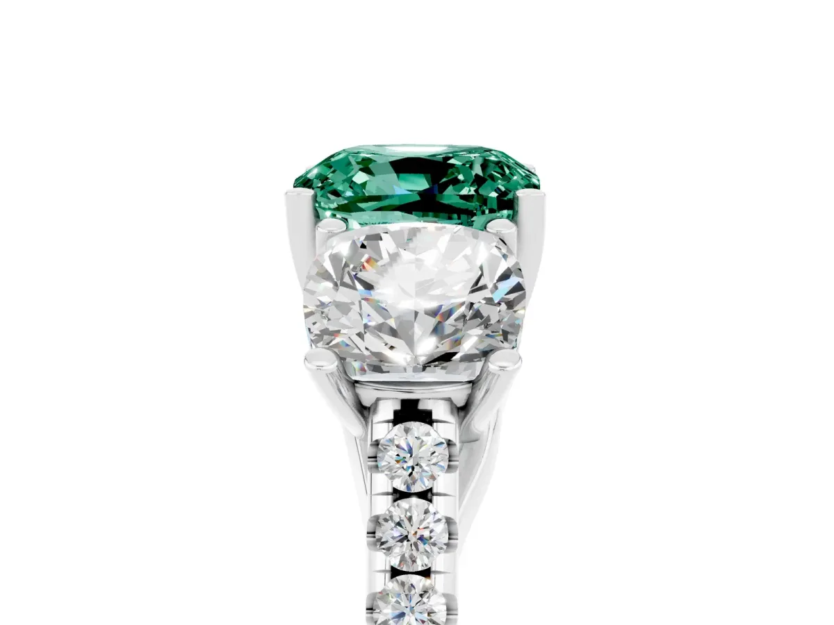 Three-Stone Cushion Cut Green Sapphire Ring with Round Pavé Band and Prong Setting Silver