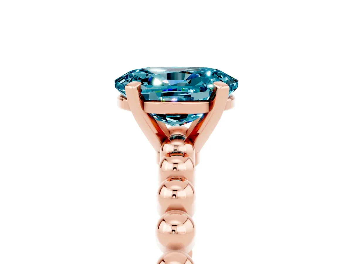 Oval Cut Blue Topaz Solitaire Ring with Beaded Band and Prong Setting Rose gold
