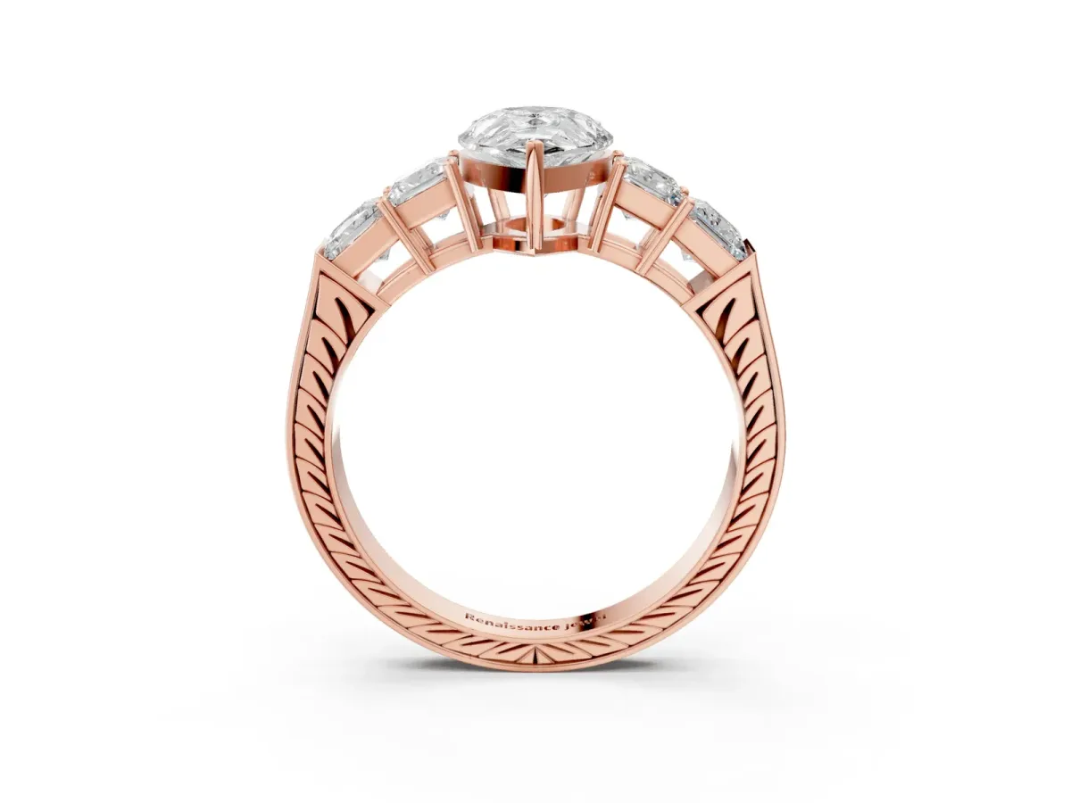 Pear Cut Solitaire Princess Side Stone Engraved Band Prong Setting Ring Rose gold