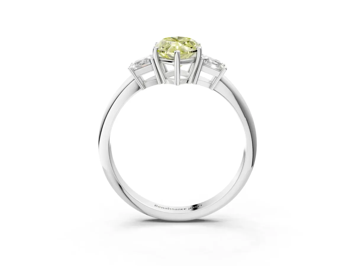 Fancy Yellow Marquise Cut Diamond Three-Stone Ring with Trapezoid Side Stones and Prong Setting Silver