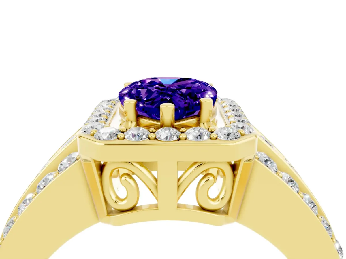Pear Cut Halo Tanzanite Ring with Round Split Shank and Prong Setting Yellow gold