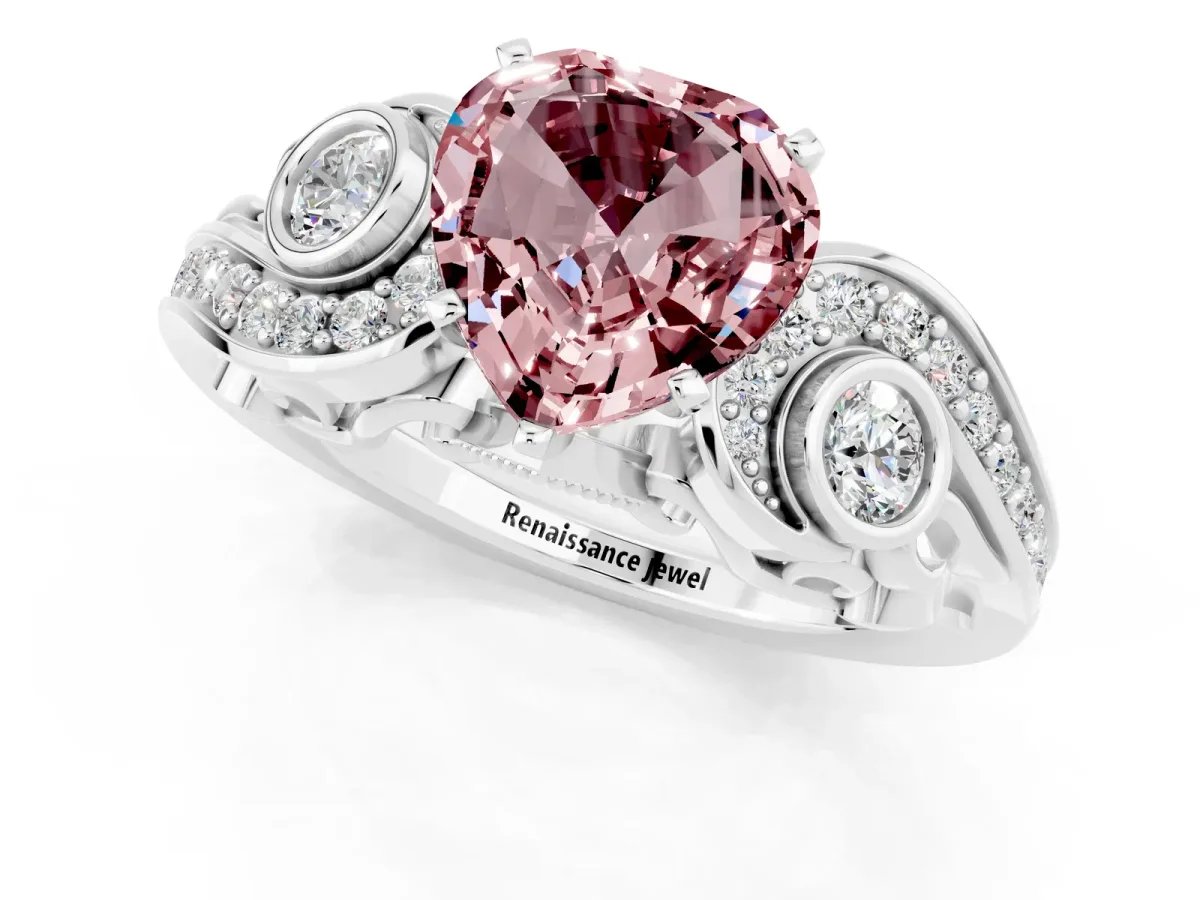 Heart Cut Morganite Solitaire Ring with Milgrain Pavé Band and Four-Prong Setting Silver