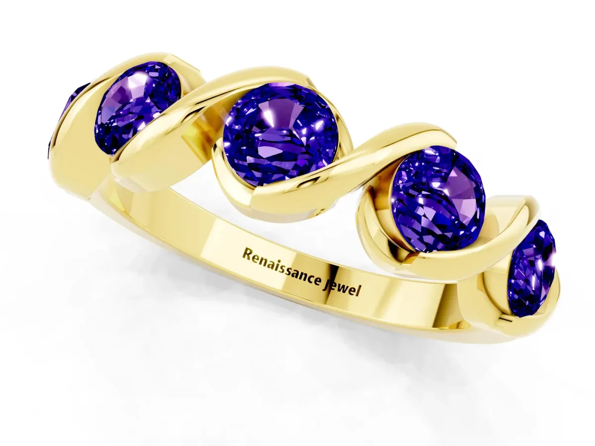Round Tanzanite Wave Band with Channel Setting and Shared Prongs Yellow gold