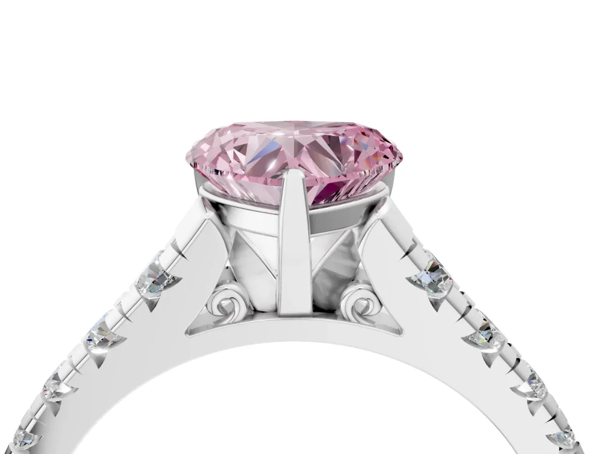 Fancy Pink Heart Cut Diamond Cathedral Solitaire Ring with Round Pavé Band Silver