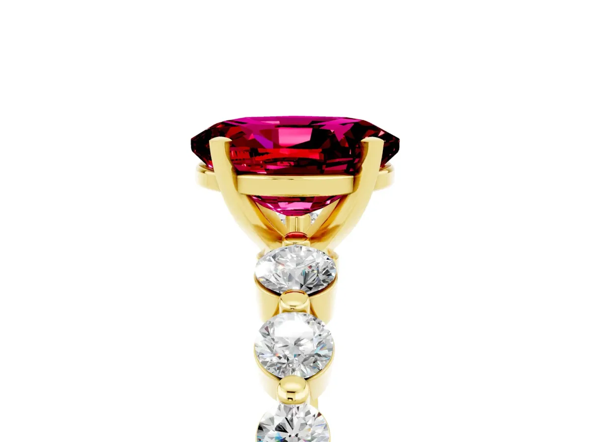 Oval Cut Solitaire Garnet Ring with Pave Band and Four-Prong Setting Yellow gold