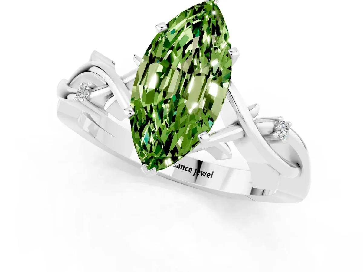 Marquise Cut Peridot Solitaire Ring with Milgrain Pavé Band and Four-Prong Setting Silver