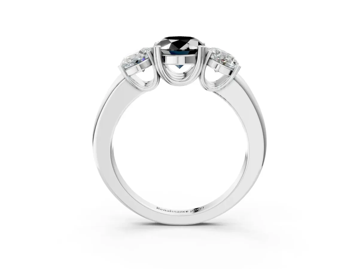 Fancy Black Three-Stone Oval Cut Cut Diamond Ring with Channel Set Band and Four-Prong Setting Silver