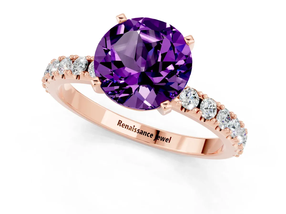 Round Cut Amethyst Solitaire Pavé Band with Four-Prong Setting Rose gold