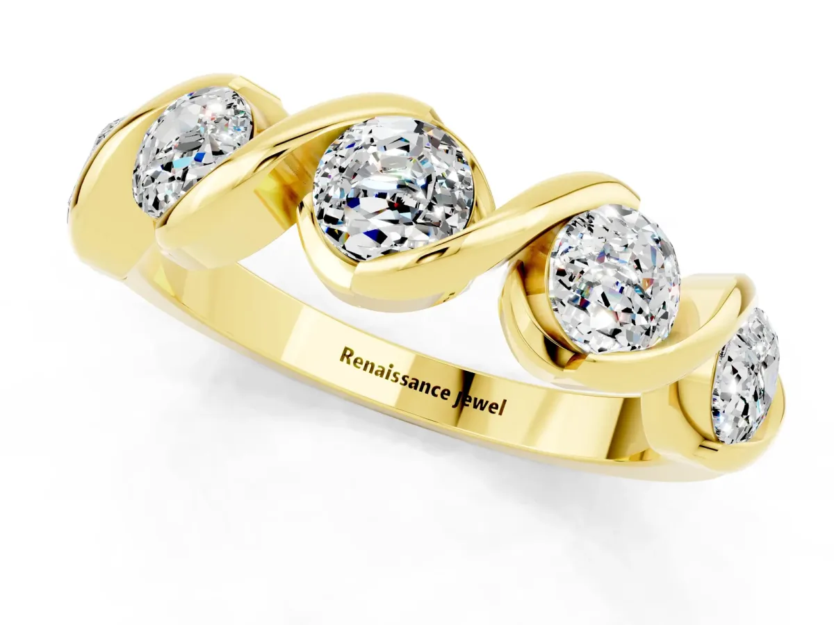 Round Moissanite Wave Band with Channel Setting and Shared Prongs Yellow gold
