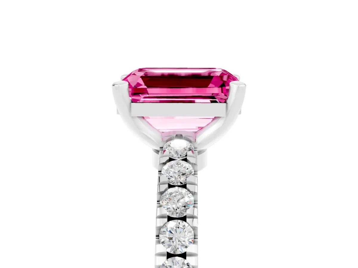 Emerald Cut Solitaire Pink Sapphire with Pavé Band and Four-Prong Setting Platinum