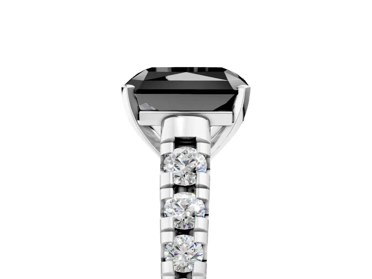 Fancy Black Radiant Cut Diamond Cathedral Solitaire Ring with Round Pavé Band Silver