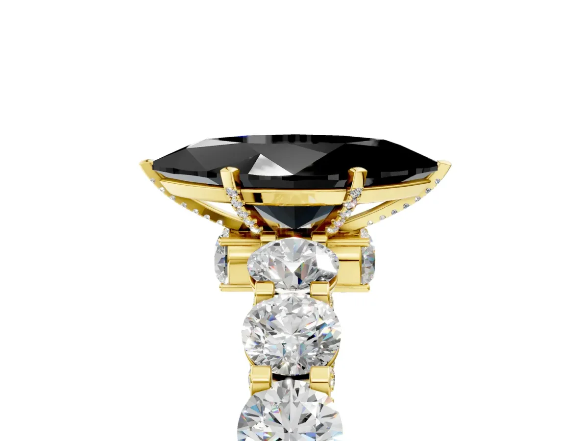 Fancy Black Marquise Cut Diamond Side Stone Engagement Ring with Four-Prong Setting Yellow gold