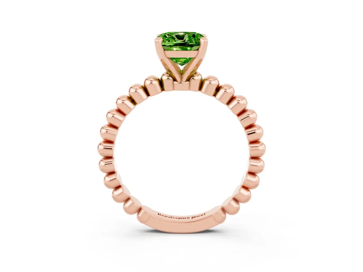 Cushion Cut Peridot Solitaire Ring with Beaded Band and Prong Setting Rose gold
