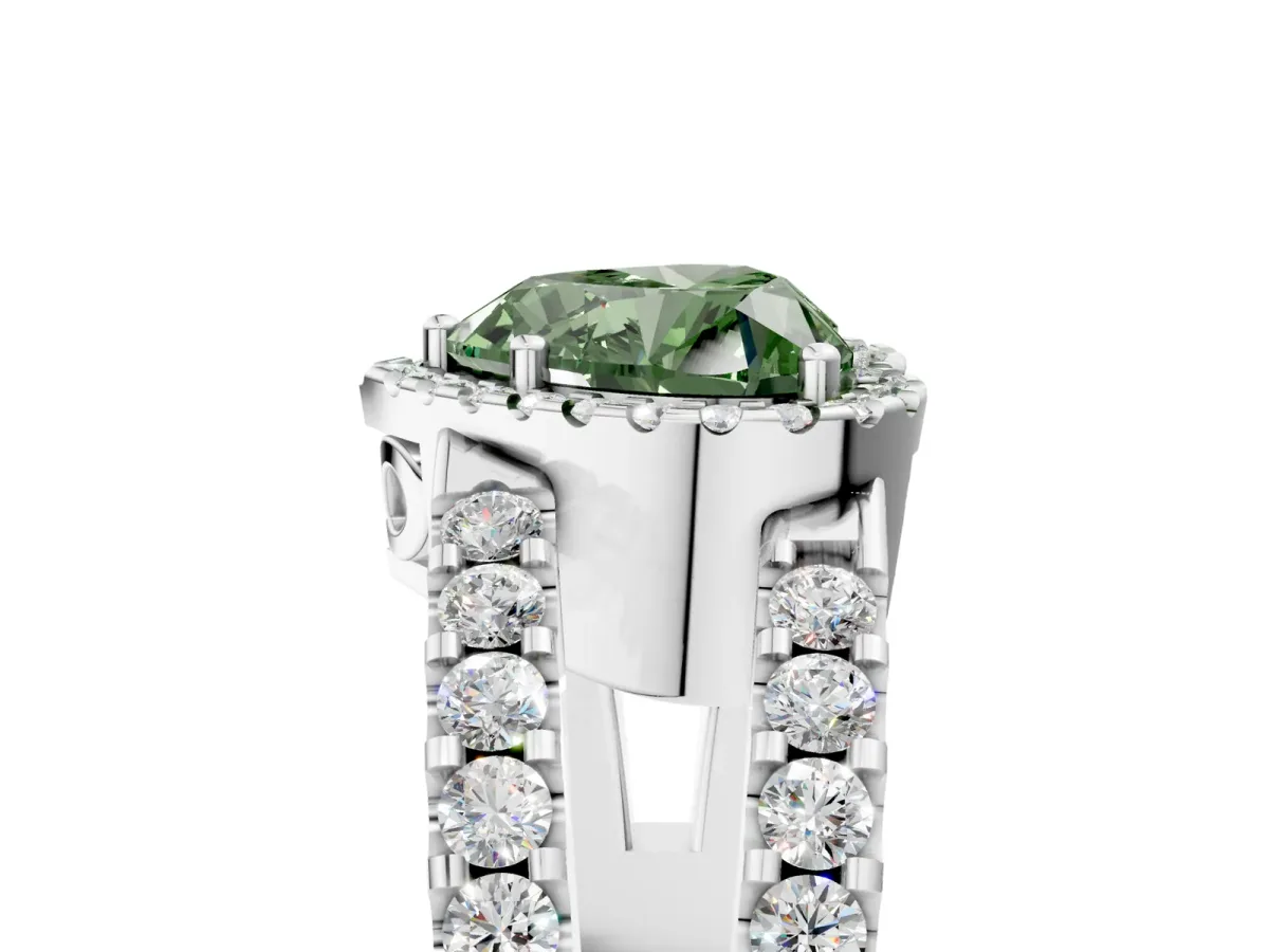 Fancy Green Heart Cut Cut Halo Split Shank Diamond Ring with Four-Prong Setting Platinum