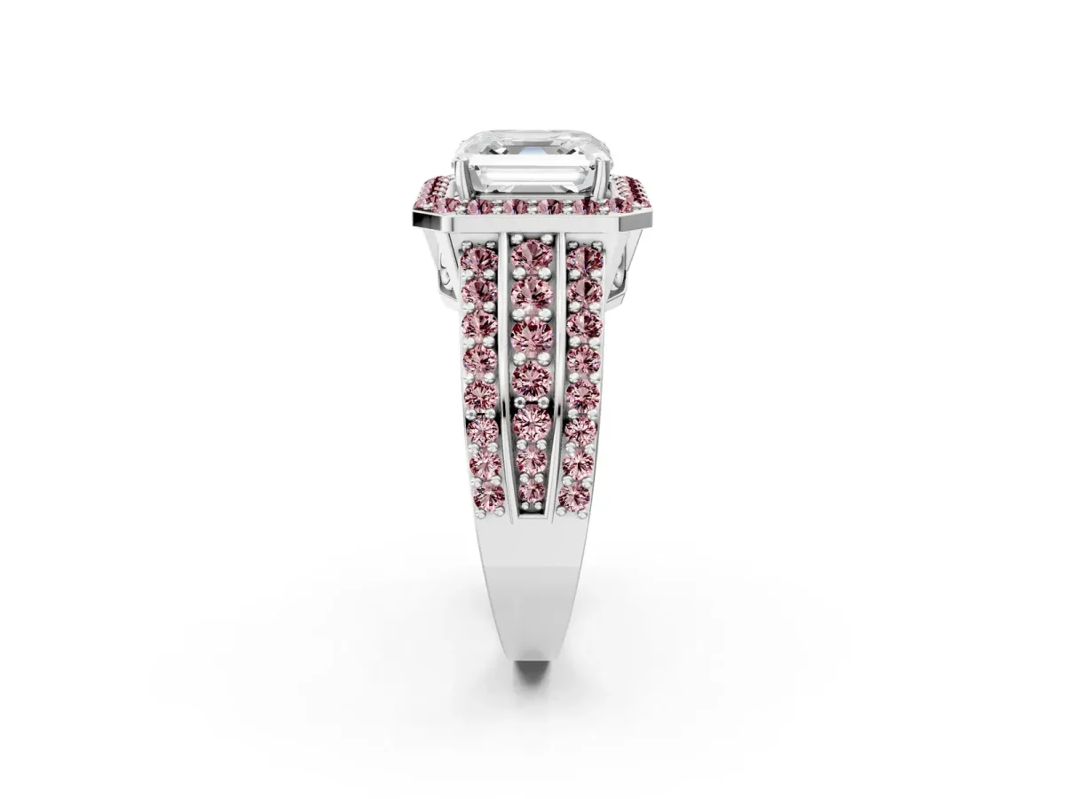 Asscher Cut Halo Diamond Ring with Round Morganite Split Shank and Prong Setting Platinum