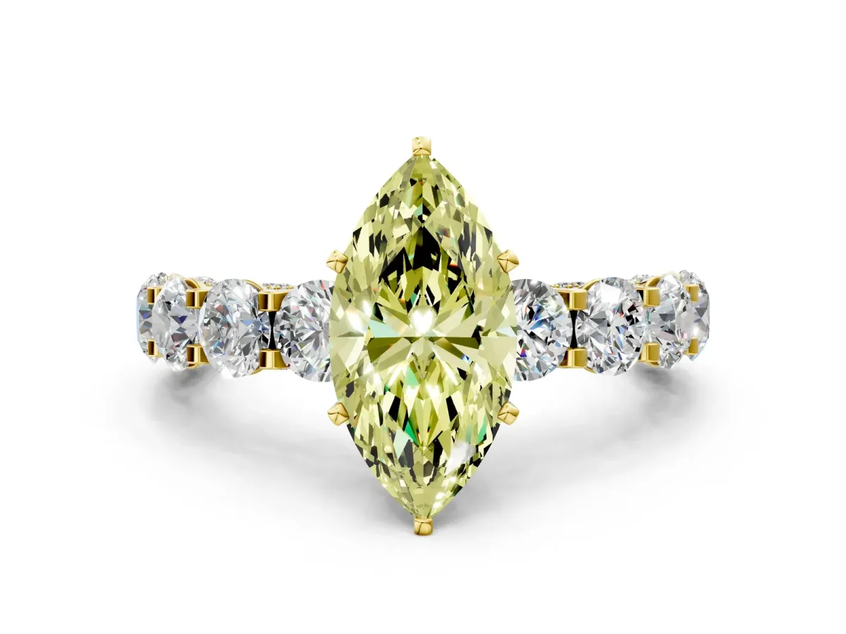 Fancy Yellow Marquise Cut Diamond Side Stone Engagement Ring with Four-Prong Setting Yellow gold