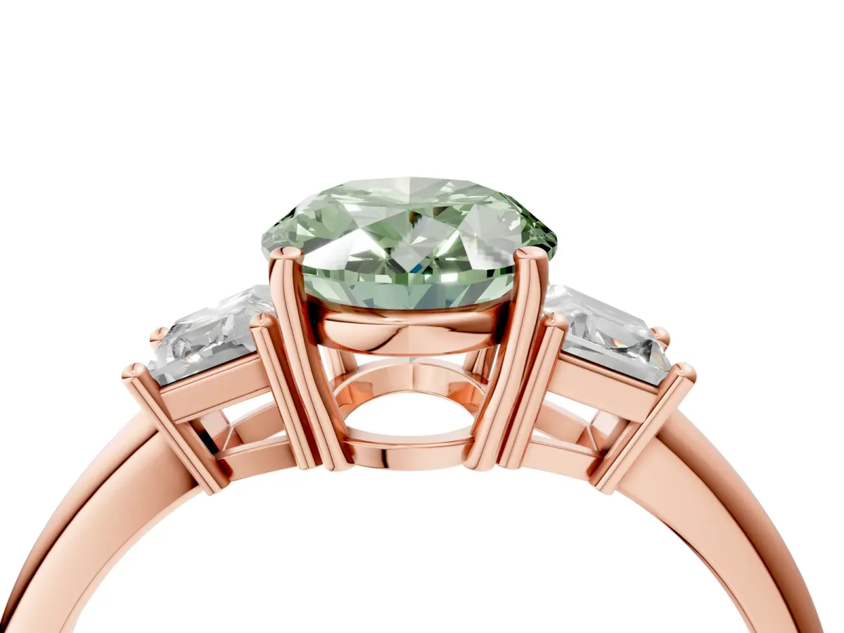 Fancy Green Oval Cut Diamond Three-Stone Ring with Trapezoid Side Stones and Prong Setting Rose gold