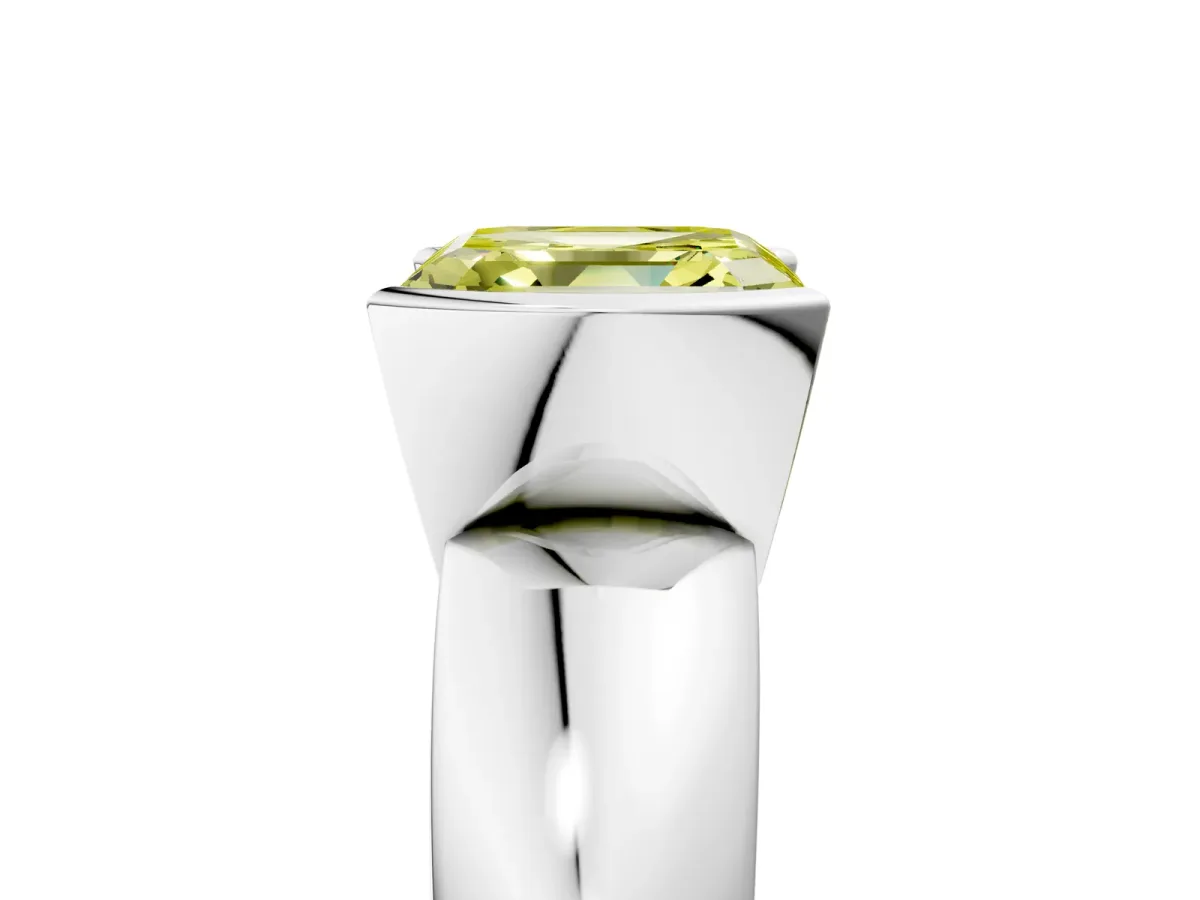 Fancy Yellow Asscher Cut Solitaire Tension Set Diamond Ring with Wide Band Platinum