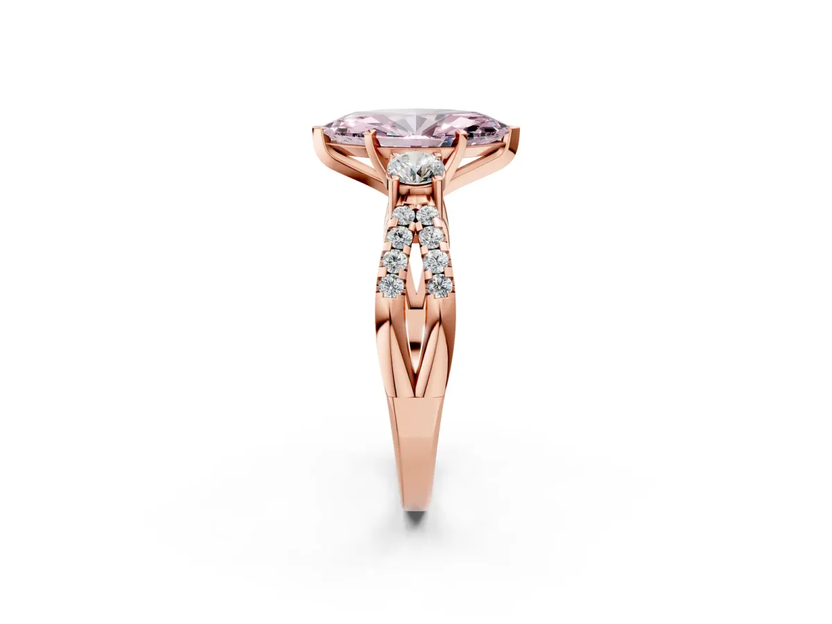 Fancy Pink Marquise Cut Diamond Three-Stone Ring with Pavé Split Shank and Four-Prong Setting Rose gold