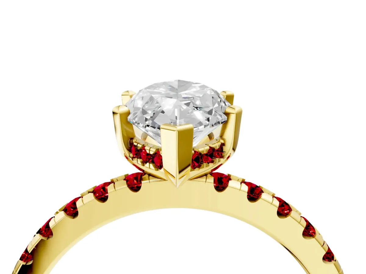Marquise Cut Diamond Solitaire Ring with Round Ruby Pavé Band and Four-Prong Setting Yellow gold