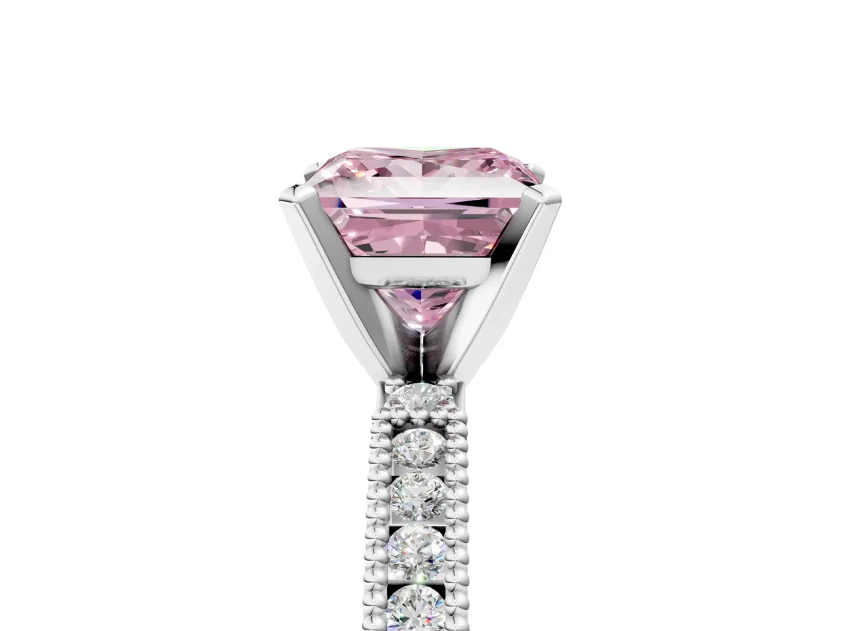Fancy Pink Princess Cut Solitaire with Pavé Band and Four-Prong Setting Silver