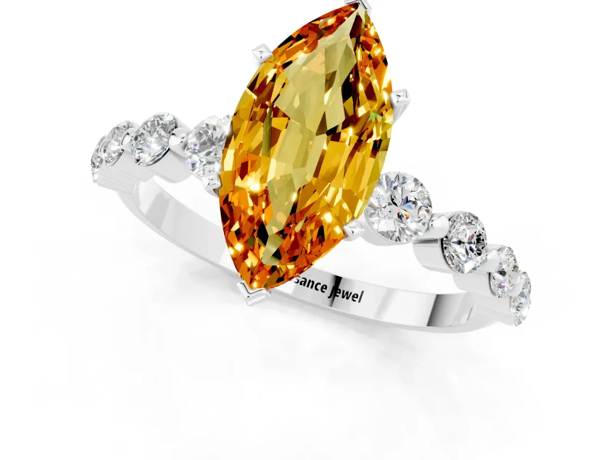 Marquise Cut Solitaire Citrine Ring with Pave Band and Four-Prong Setting Silver