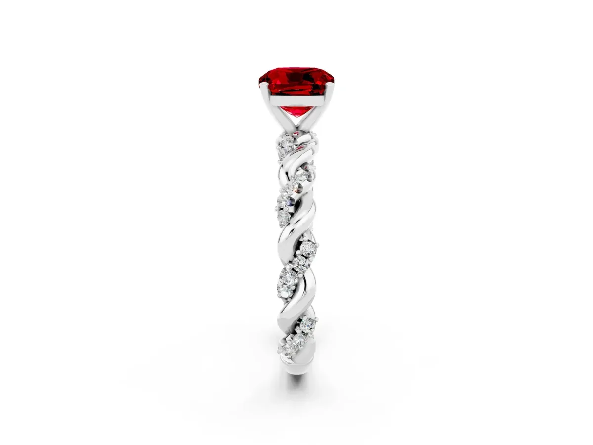 Cushion Cut Ruby Solitaire Ring with Twisted Band and Pavé Accents White gold