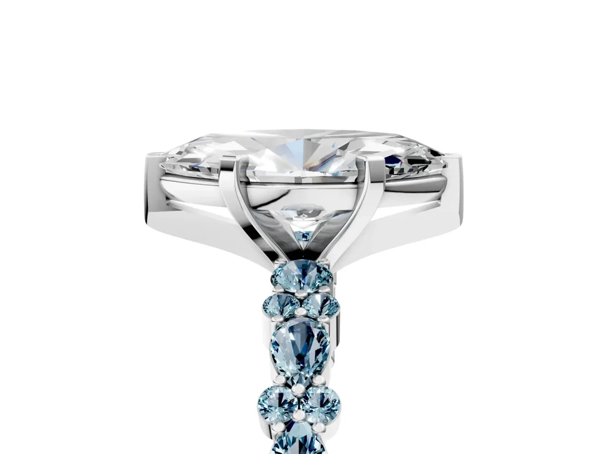 Marquise Cut Diamond Side Stone Solitaire Ring with Round Aquamarine and Four-Prong Setting Silver