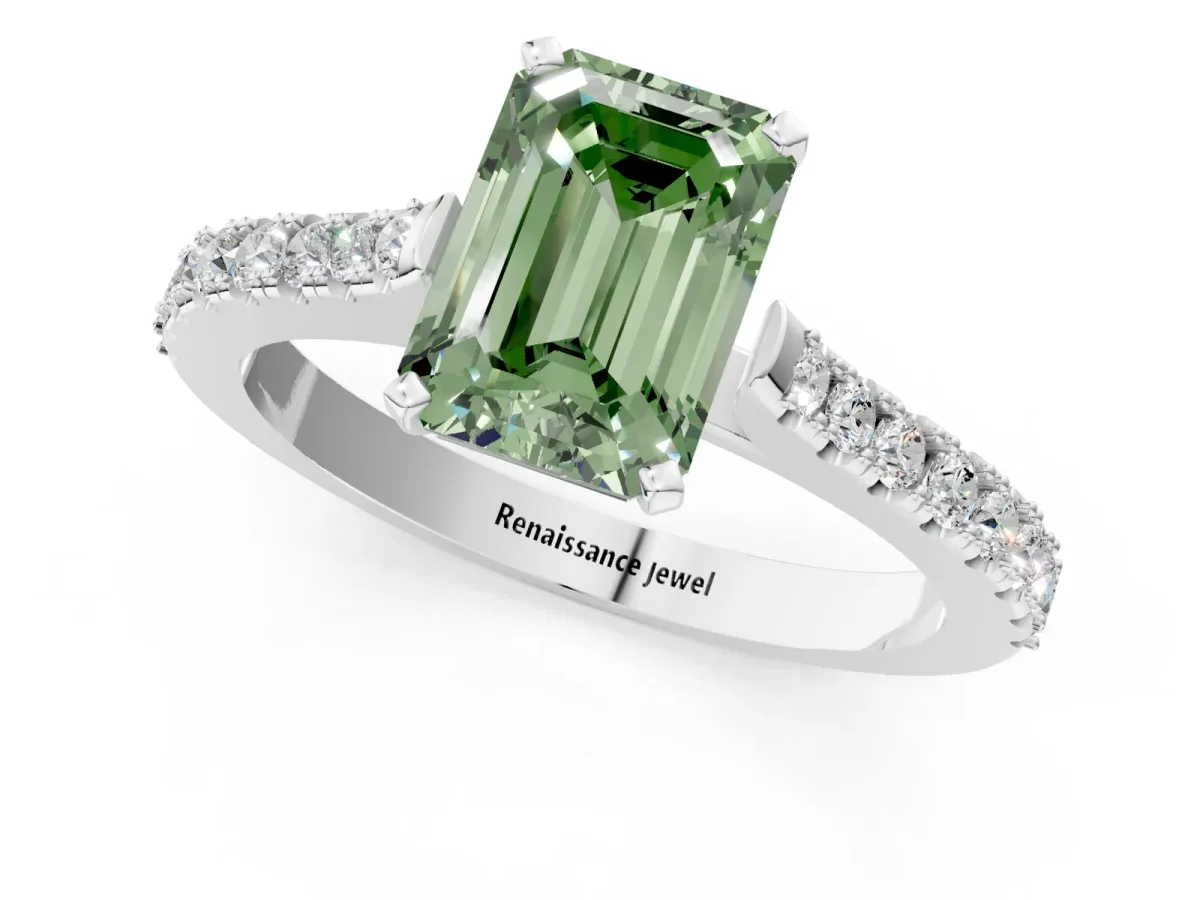 Fancy Green Emerald Cut Cut Solitaire Diamond Engagement Ring with Pave Band and Four-Prong Setting Silver