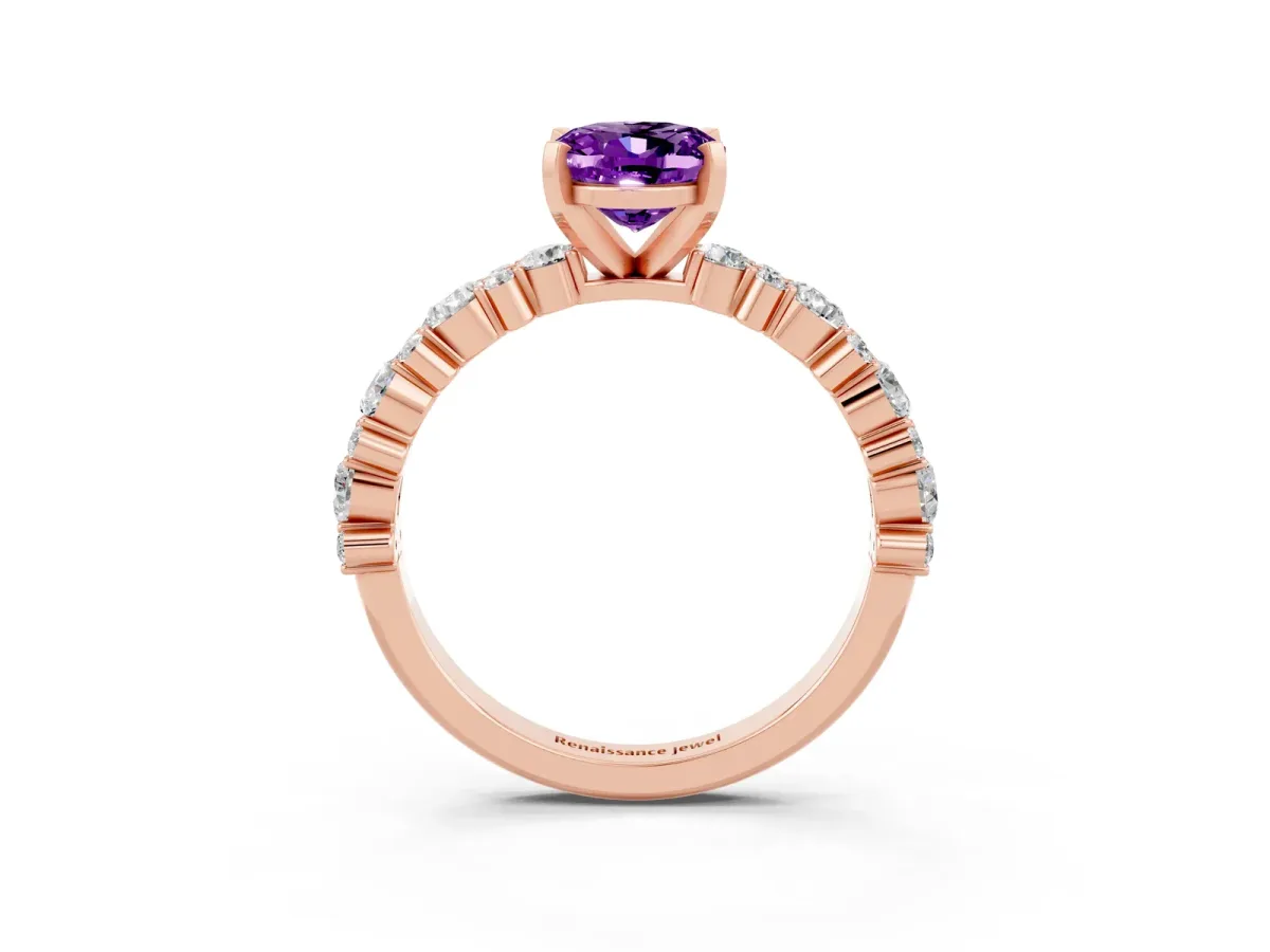 Oval Cut Amethyst Side Stone Solitaire Ring with Round and Four-Prong Setting Rose gold